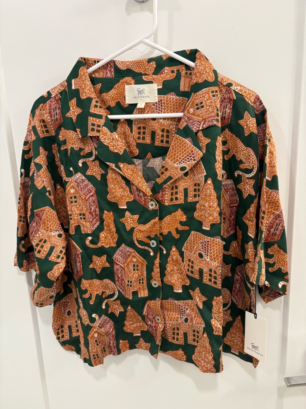 Printfresh Green Brown Gingerbread Party Viscose Pajama Top Size Medium